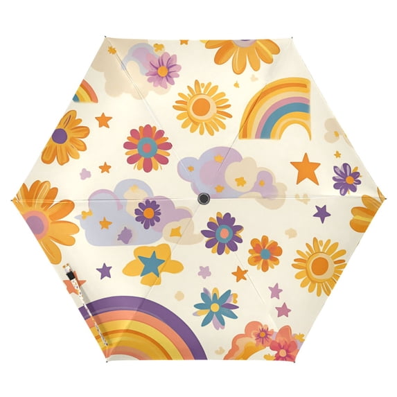 FORMRS Travel Umbrella Folding Auto Open Close Windproof Rain UV Protection, Beige Retro Rainbow