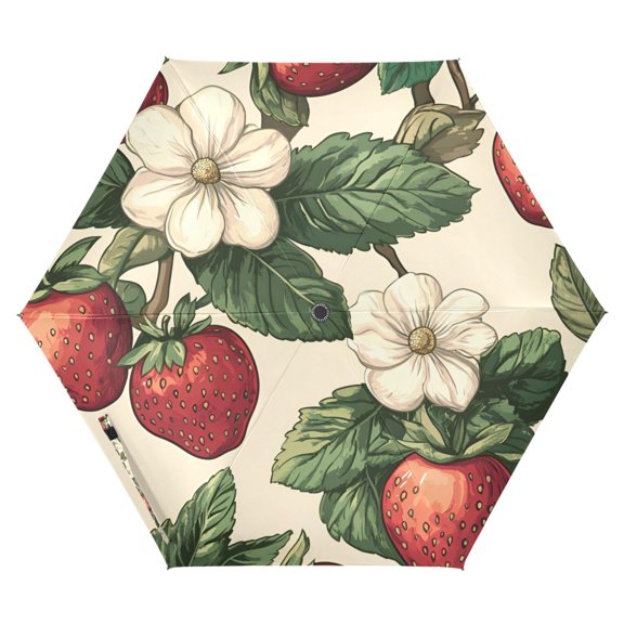 FORMRS Travel Umbrella Folding Auto Open Close Windproof Rain UV Protection, Beige Strawberry