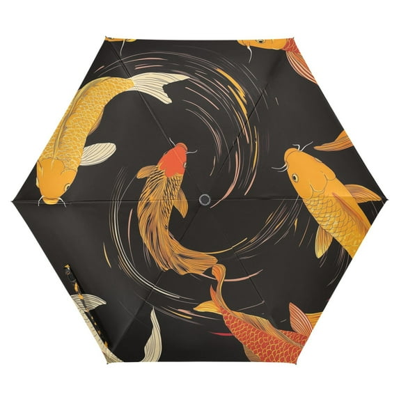 FORMRS Travel Umbrella Folding Auto Open Close Windproof Rain UV Protection, Black Fish Pattern