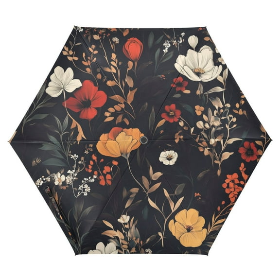 FORMRS Travel Umbrella Folding Auto Open Close Windproof Rain UV Protection, Black Floral Pattern