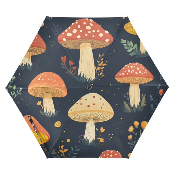 FORMRS Travel Umbrella Folding Auto Open Close Windproof Rain UV Protection, Black Mushroom Pattern