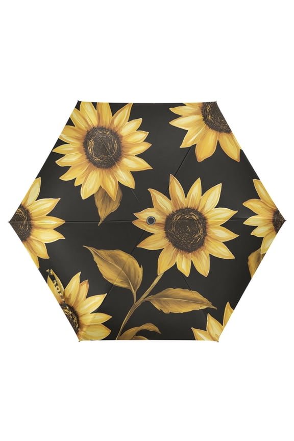 Travel Umbrella Folding Auto Open Close Windproof Rain UV Protection, Black Sunflower Pattern