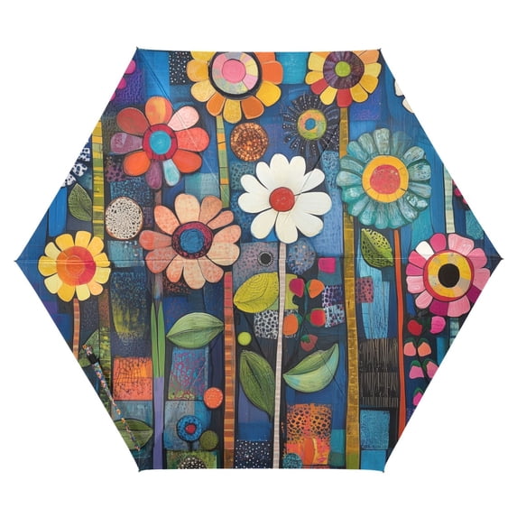 FORMRS Travel Umbrella Folding Auto Open Close Windproof Rain UV Protection, Blue Colorful Flowers
