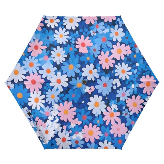 FORMRS Travel Umbrella Folding Auto Open Close Windproof Rain UV Protection, Blue Daisy
