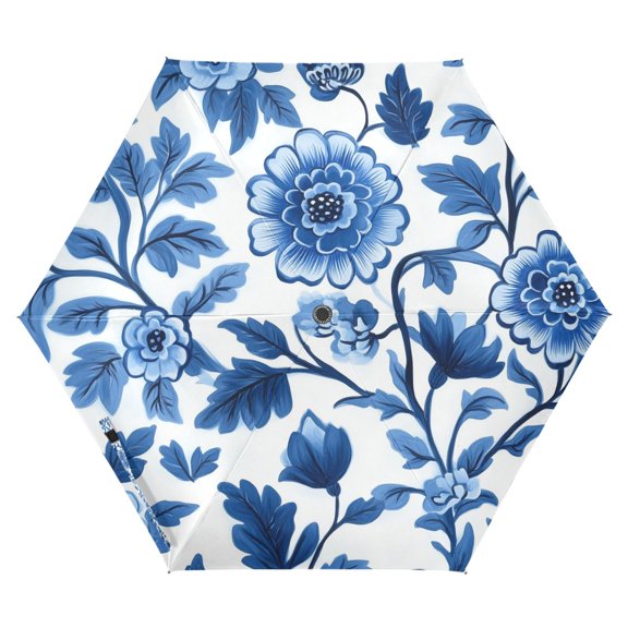 FORMRS Travel Umbrella Folding Auto Open Close Windproof Rain UV Protection, Blue Floral Pattern