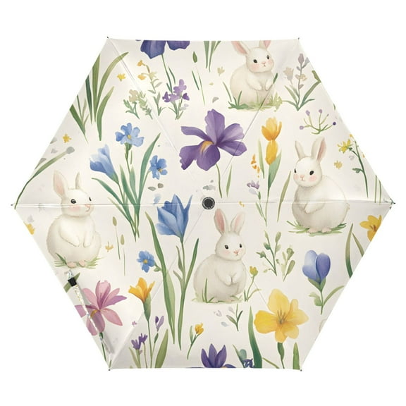 FORMRS Travel Umbrella Folding Auto Open Close Windproof Rain UV Protection, Blue Floral Rabbit