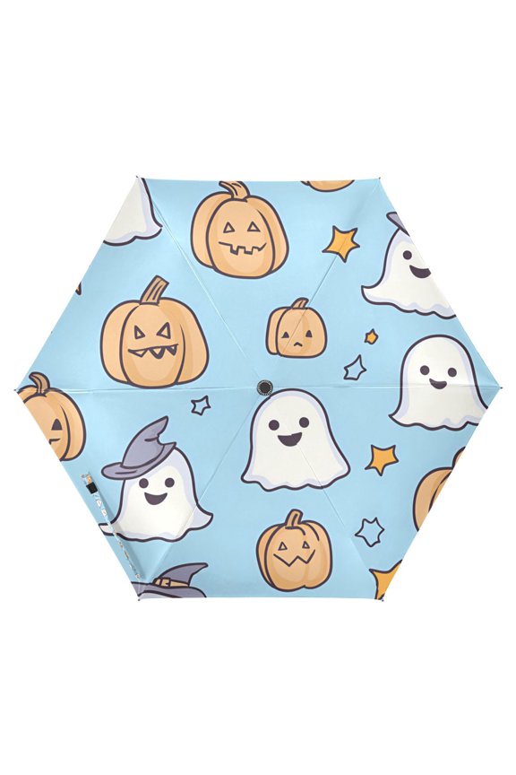 Travel Umbrella Folding Auto Open Close Windproof Rain UV Protection, Blue Halloween Ghosts