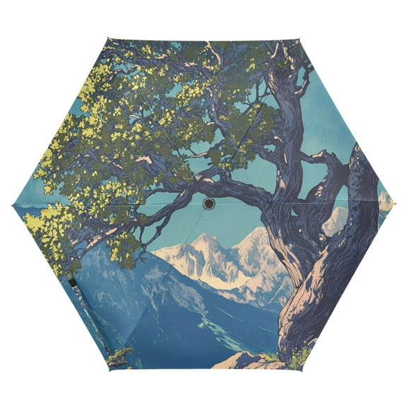 FORMRS Travel Umbrella Folding Auto Open Close Windproof Rain UV Protection, Blue Tree