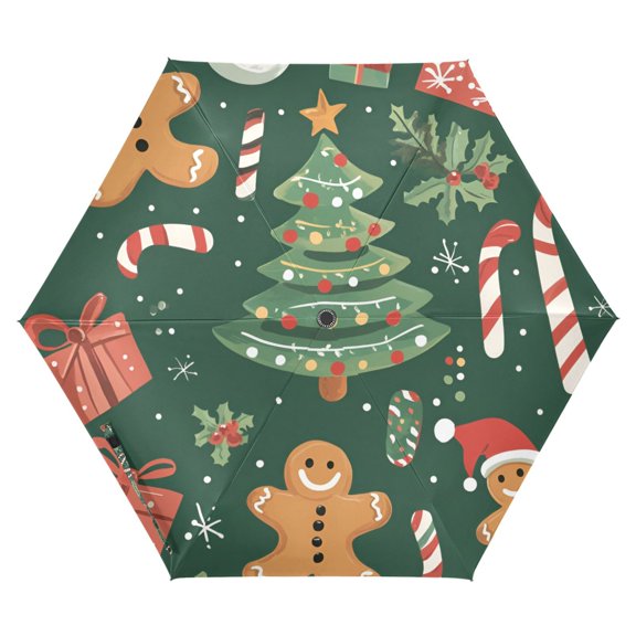 FORMRS Travel Umbrella Folding Auto Open Close Windproof Rain UV Protection, Brown Christmas Gingerbread