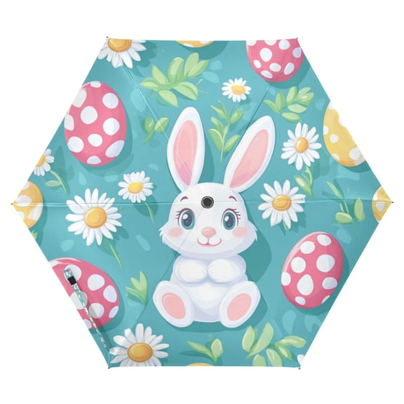 FORMRS Travel Umbrella Folding Auto Open Close Windproof Rain UV Protection, Cartoon Easter Bunny