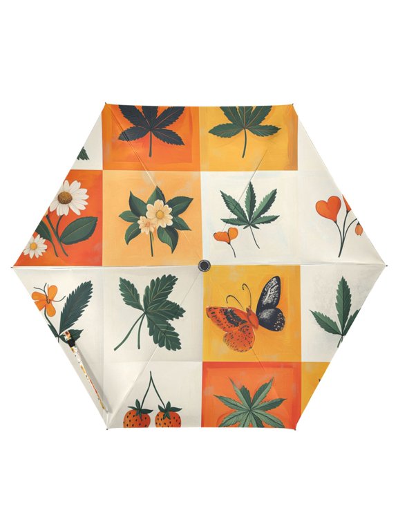 Travel Umbrella Folding Auto Open Close Windproof Rain UV Protection, Cartoon Plants