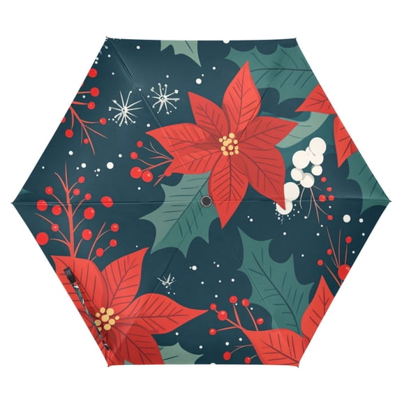 FORMRS Travel Umbrella Folding Auto Open Close Windproof Rain UV Protection, Christmas Berries