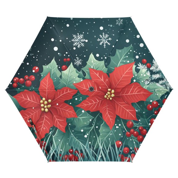FORMRS Travel Umbrella Folding Auto Open Close Windproof Rain UV Protection, Christmas Poinsettia