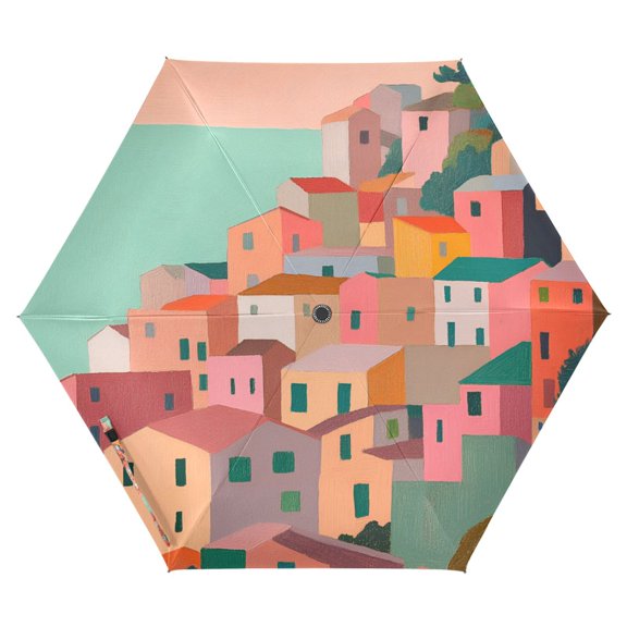 FORMRS Travel Umbrella Folding Auto Open Close Windproof Rain UV Protection, Cityscape Painting