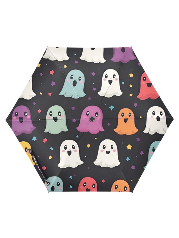 Travel Umbrella Folding Auto Open Close Windproof Rain UV Protection, Colorful Halloween Ghost