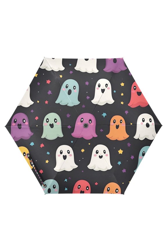 Travel Umbrella Folding Auto Open Close Windproof Rain UV Protection, Colorful Halloween Ghost