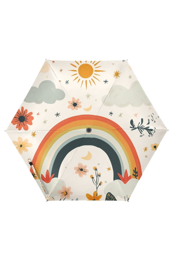 Travel Umbrella Folding Auto Open Close Windproof Rain UV Protection, Cute Rainbow