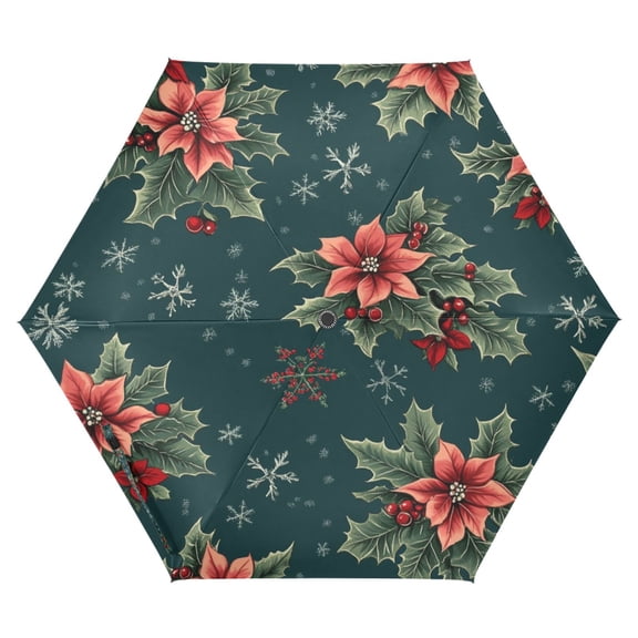 FORMRS Travel Umbrella Folding Auto Open Close Windproof Rain UV Protection, Floral Christmas