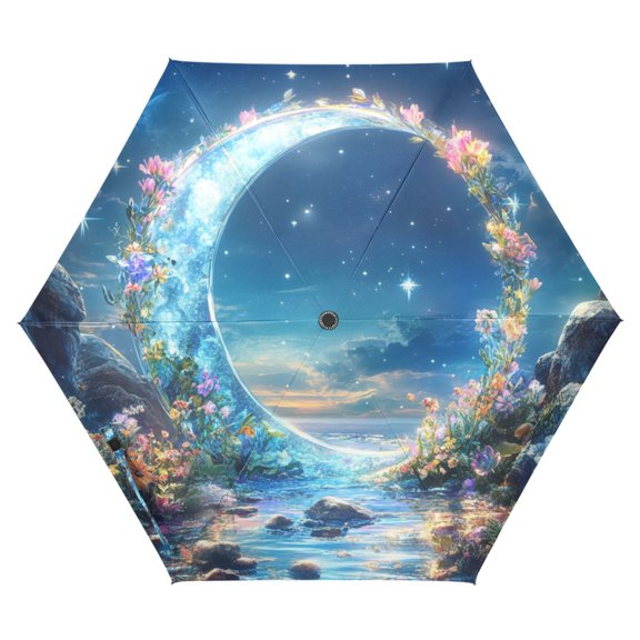 FORMRS Travel Umbrella Folding Auto Open Close Windproof Rain UV Protection, Floral Moon