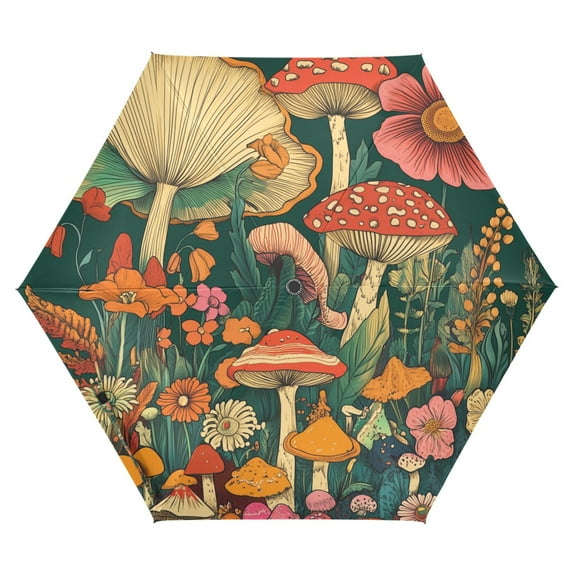 FORMRS Travel Umbrella Folding Auto Open Close Windproof Rain UV Protection, Floral Mushroom