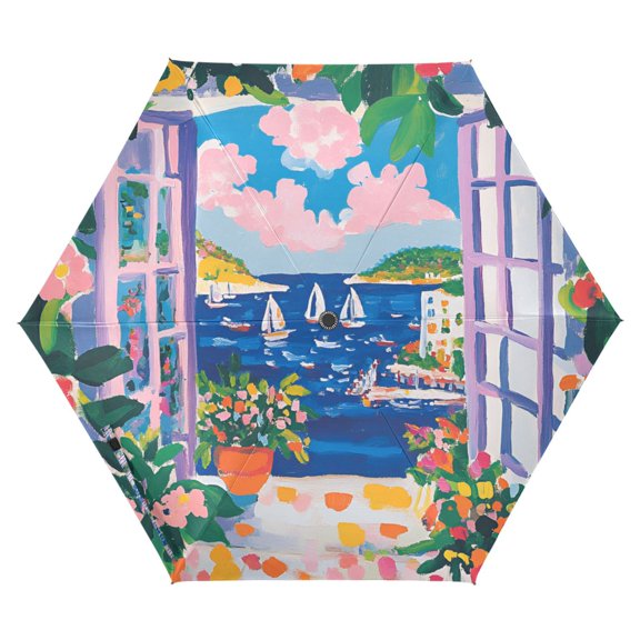 FORMRS Travel Umbrella Folding Auto Open Close Windproof Rain UV Protection, Floral Window