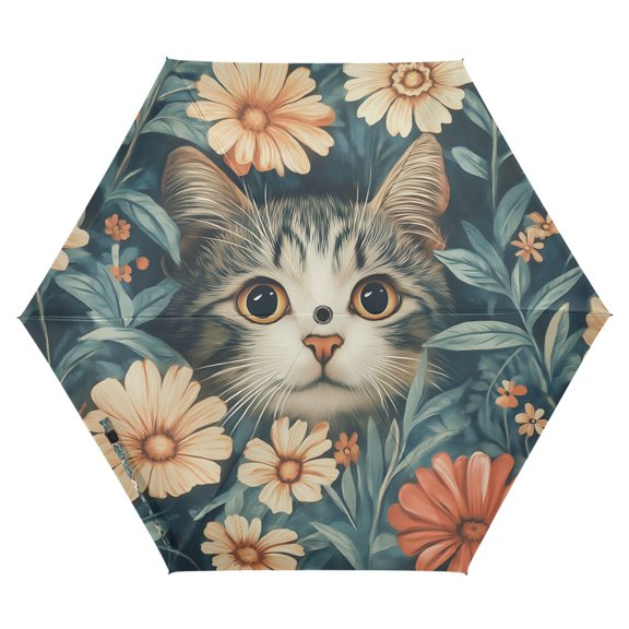 FORMRS Travel Umbrella Folding Auto Open Close Windproof Rain UV Protection, Flowers Cat
