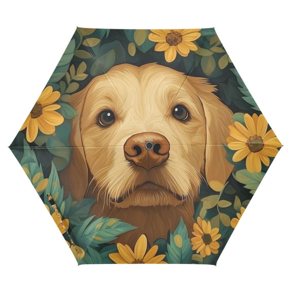 FORMRS Travel Umbrella Folding Auto Open Close Windproof Rain UV Protection, Flowers and Dog