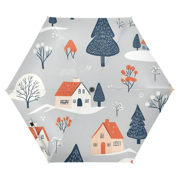 FORMRS Travel Umbrella Folding Auto Open Close Windproof Rain UV Protection, Gray Cartoon Houses