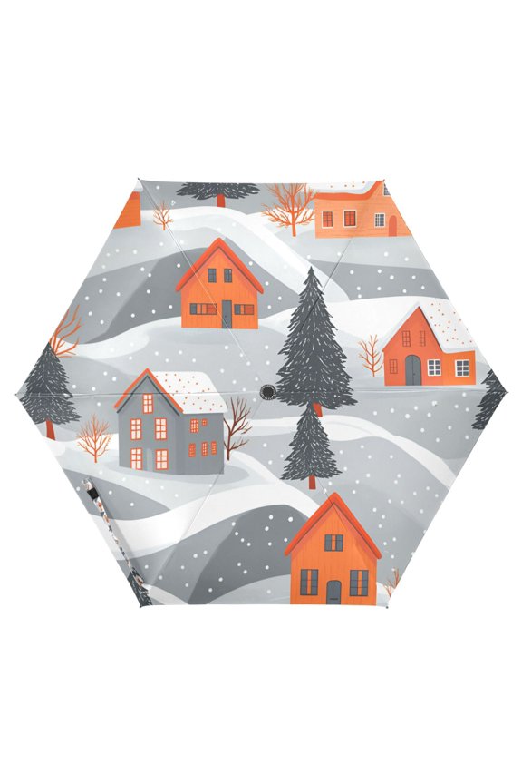 Travel Umbrella Folding Auto Open Close Windproof Rain UV Protection, Gray Snow Houses