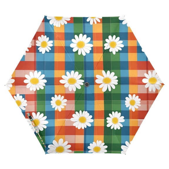 FORMRS Travel Umbrella Folding Auto Open Close Windproof Rain UV Protection, Green Checkered Daisy