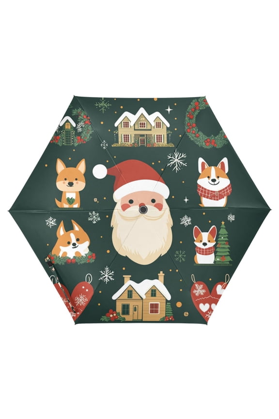 Travel Umbrella Folding Auto Open Close Windproof Rain UV Protection, Green Christmas