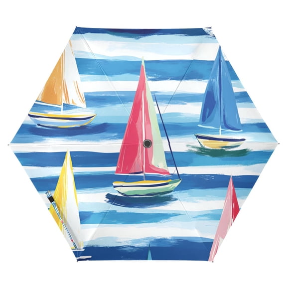 FORMRS Travel Umbrella Folding Auto Open Close Windproof Rain UV Protection, Green Sailboats