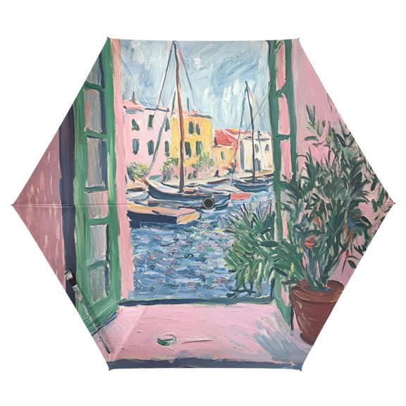 FORMRS Travel Umbrella Folding Auto Open Close Windproof Rain UV Protection, Green Window Sea