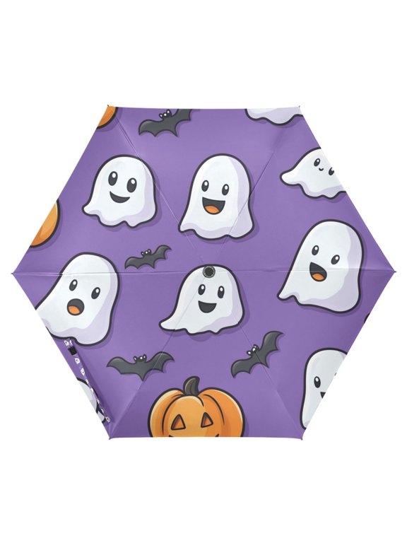 Travel Umbrella Folding Auto Open Close Windproof Rain UV Protection, Halloween Ghosts Purple