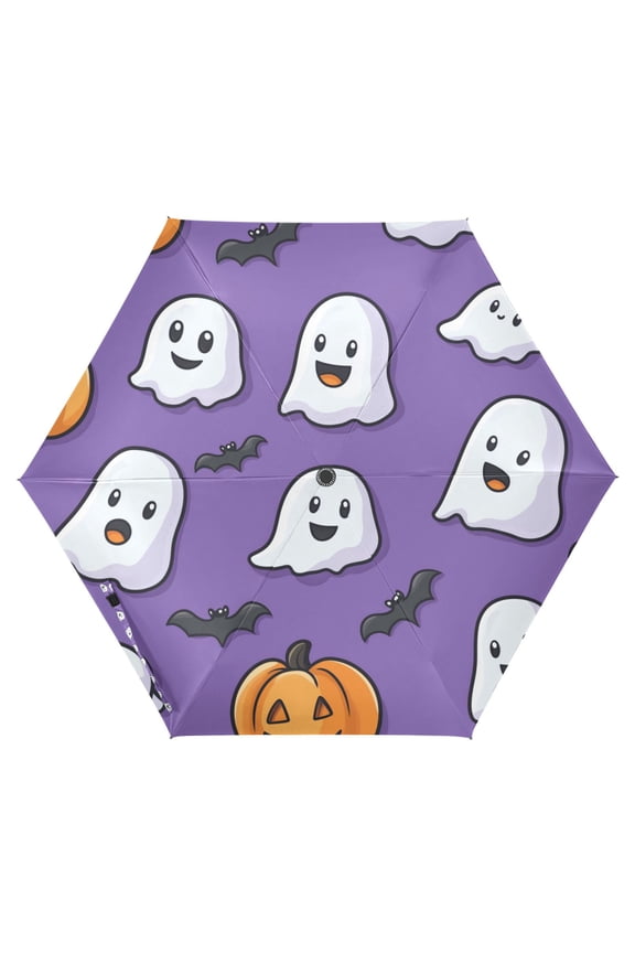 Travel Umbrella Folding Auto Open Close Windproof Rain UV Protection, Halloween Ghosts Purple