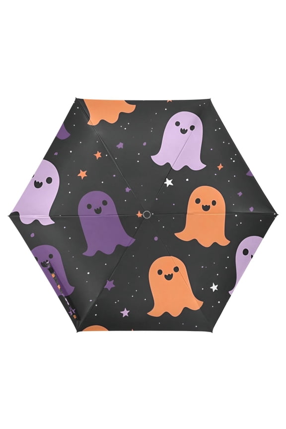 Travel Umbrella Folding Auto Open Close Windproof Rain UV Protection, Halloween Orange Ghosts
