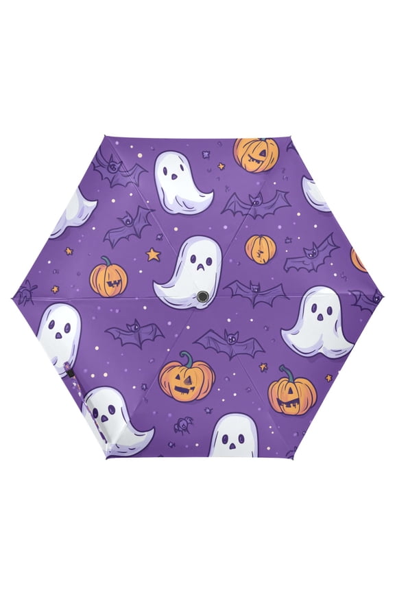 Travel Umbrella Folding Auto Open Close Windproof Rain UV Protection, Halloween Purple Ghosts