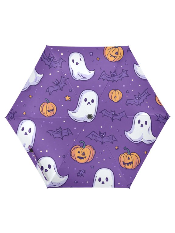 Travel Umbrella Folding Auto Open Close Windproof Rain UV Protection, Halloween Purple Ghosts