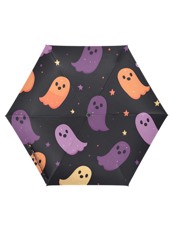 Travel Umbrella Folding Auto Open Close Windproof Rain UV Protection, Halloween Purple Ghosts