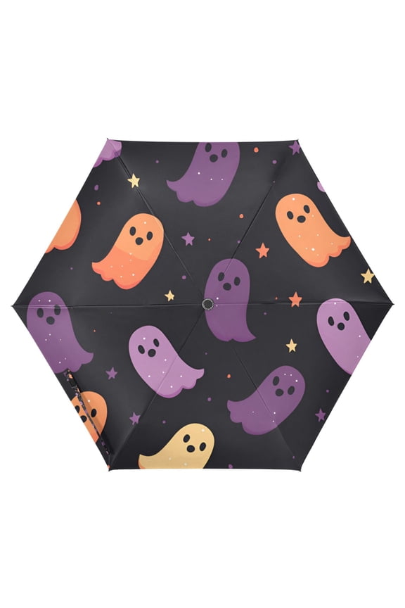 Travel Umbrella Folding Auto Open Close Windproof Rain UV Protection, Halloween Purple Ghosts