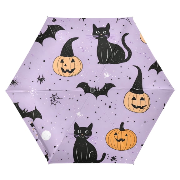 FORMRS Travel Umbrella Folding Auto Open Close Windproof Rain UV Protection, Light Purple Halloween Black Cat