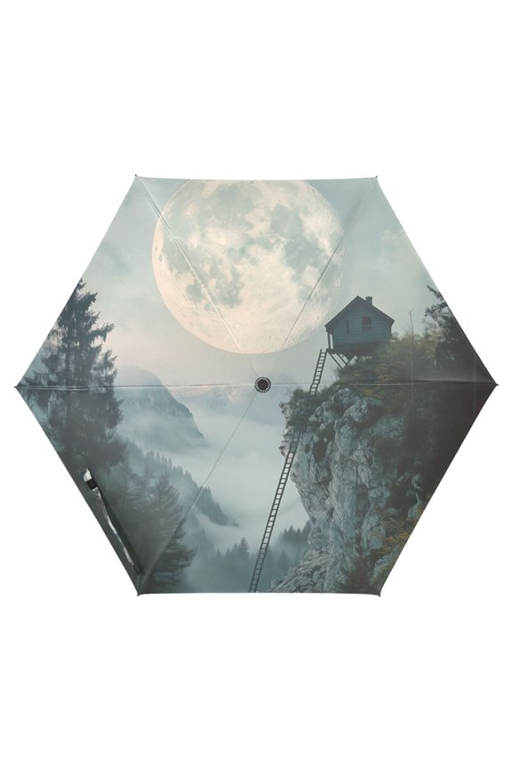 Travel Umbrella Folding Auto Open Close Windproof Rain UV Protection, Moon and House