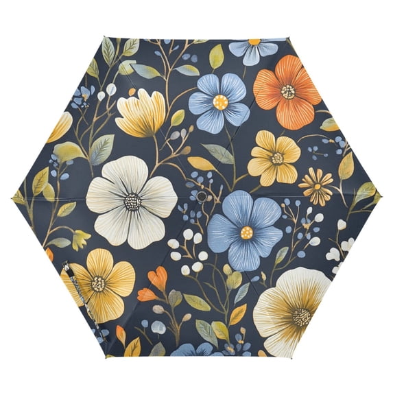 FORMRS Travel Umbrella Folding Auto Open Close Windproof Rain UV Protection, Navy Floral Pattern
