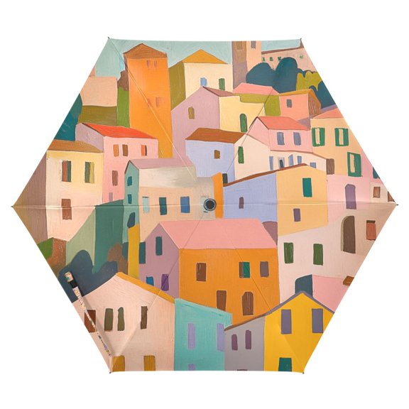 FORMRS Travel Umbrella Folding Auto Open Close Windproof Rain UV Protection, Orange Cityscape Painting