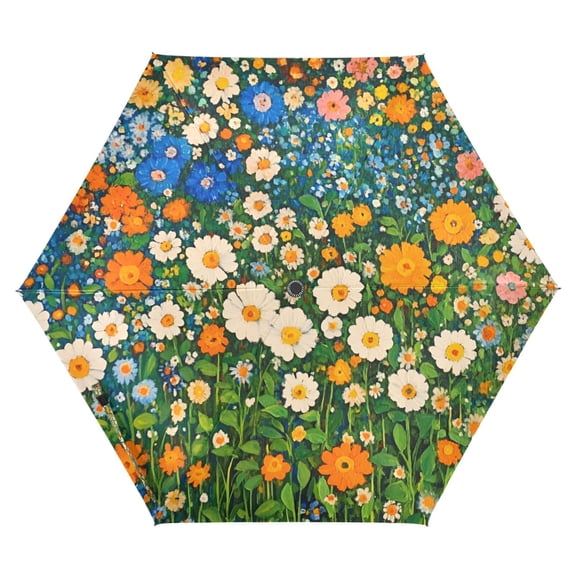 FORMRS Travel Umbrella Folding Auto Open Close Windproof Rain UV Protection, Orange Floral Garden