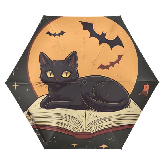 FORMRS Travel Umbrella Folding Auto Open Close Windproof Rain UV Protection, Orange Halloween Cat