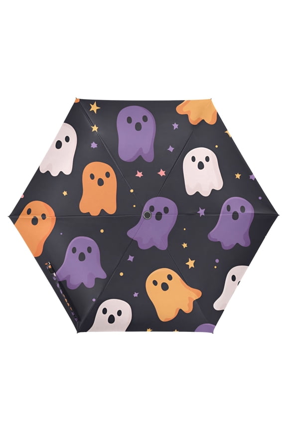 Travel Umbrella Folding Auto Open Close Windproof Rain UV Protection, Orange Halloween Ghosts