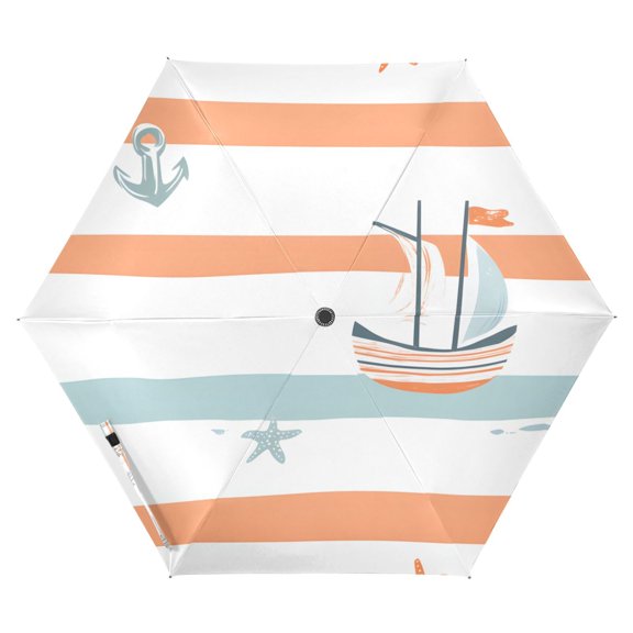 FORMRS Travel Umbrella Folding Auto Open Close Windproof Rain UV Protection, Orange Nautical Pattern