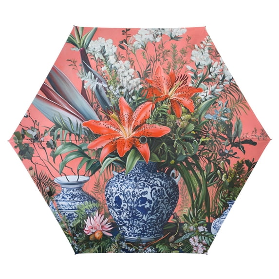 FORMRS Travel Umbrella Folding Auto Open Close Windproof Rain UV Protection, Orange Vibrant Flowers