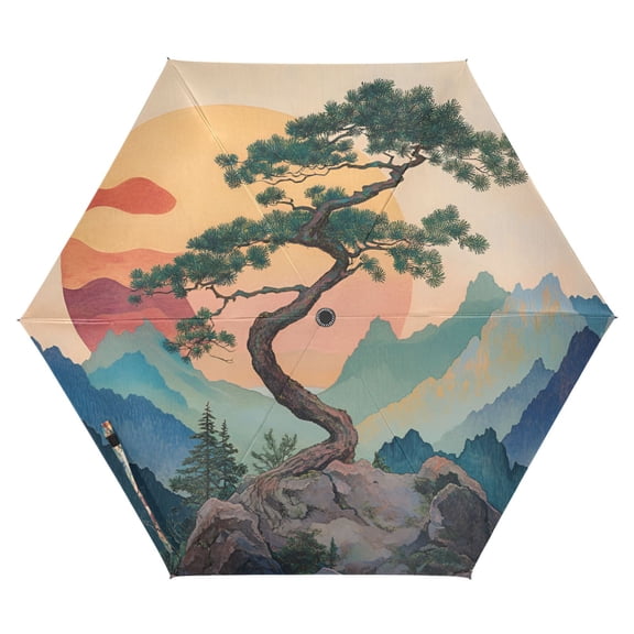 FORMRS Travel Umbrella Folding Auto Open Close Windproof Rain UV Protection, Pine Tree at Dawn